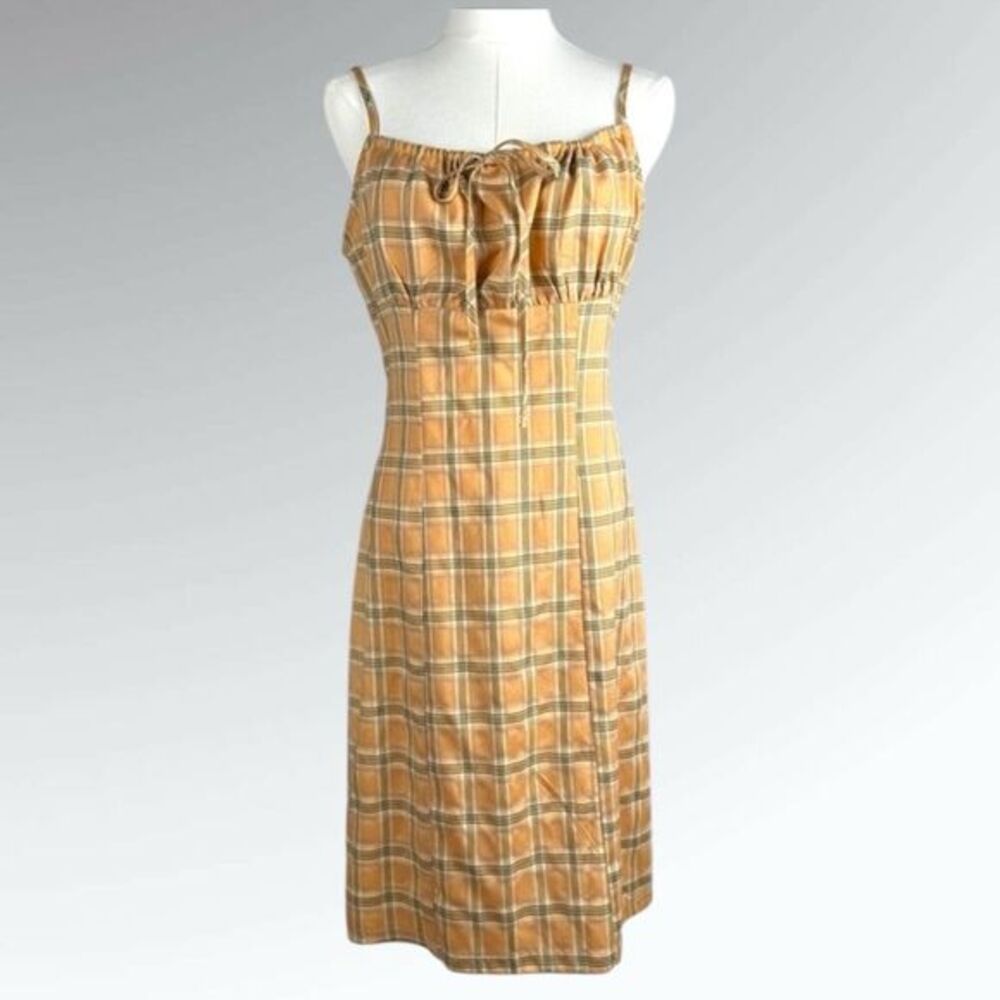 ROMWE Plaid Print Tie Front Spaghetti Strap Midi Dress Women Size S‎ Yellow
